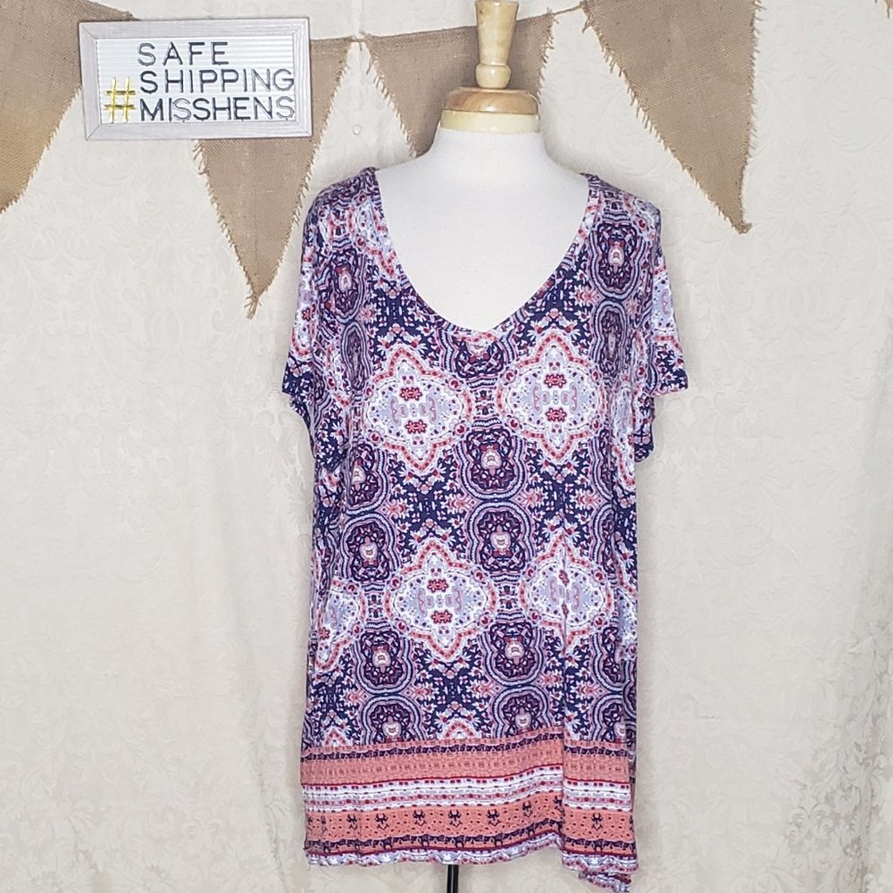 TAHARI BOHO ORANGE BLUE WHITE LOOSE FIT TUNIC TOP - Picture 2 of 6